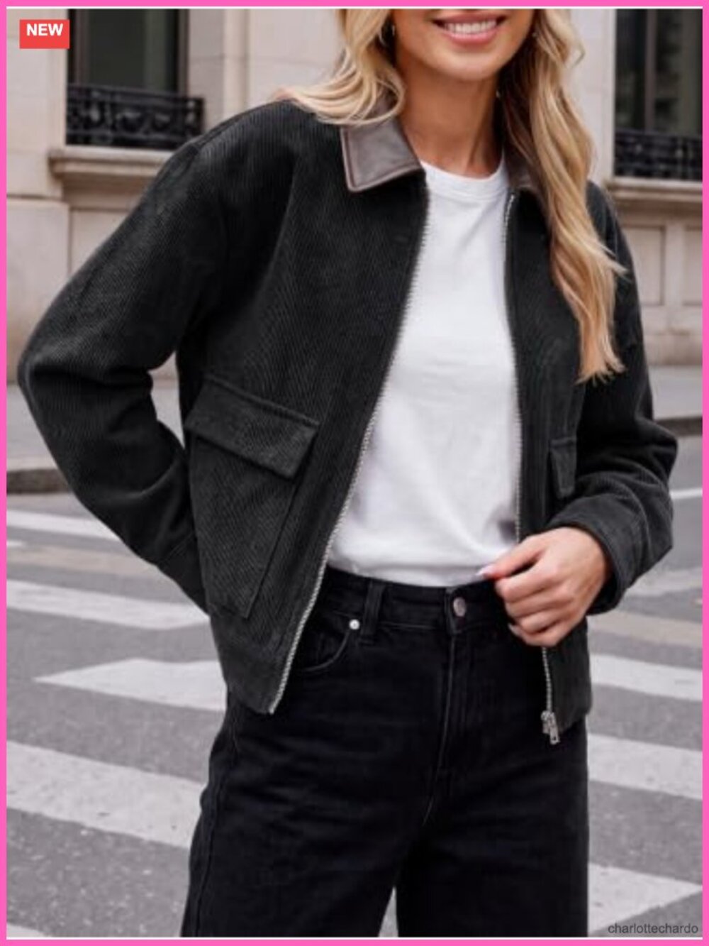 Womens Cropped Corduroy Jacket Oversized Zip Up Barn Bomber Coat - Picture 2 of 5